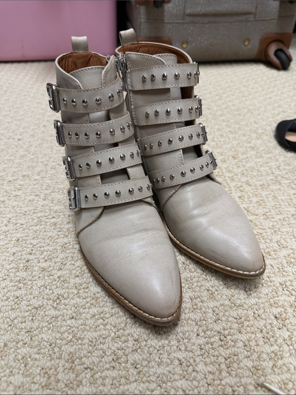 BEAST FASHION Studded Strapped Pointed Ankle Boots - Cream
